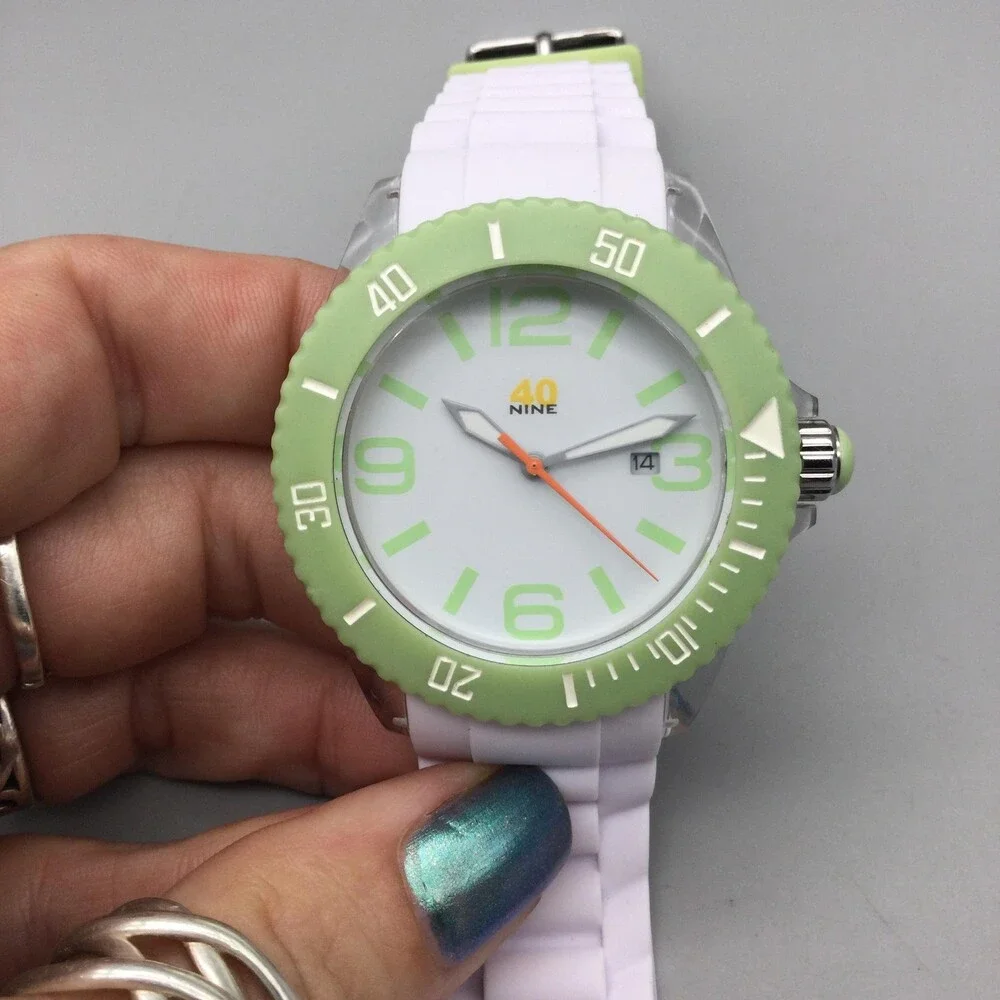 40nine Mens Watch 43mm White Dial Green Bezel White Silicone Date New Battery